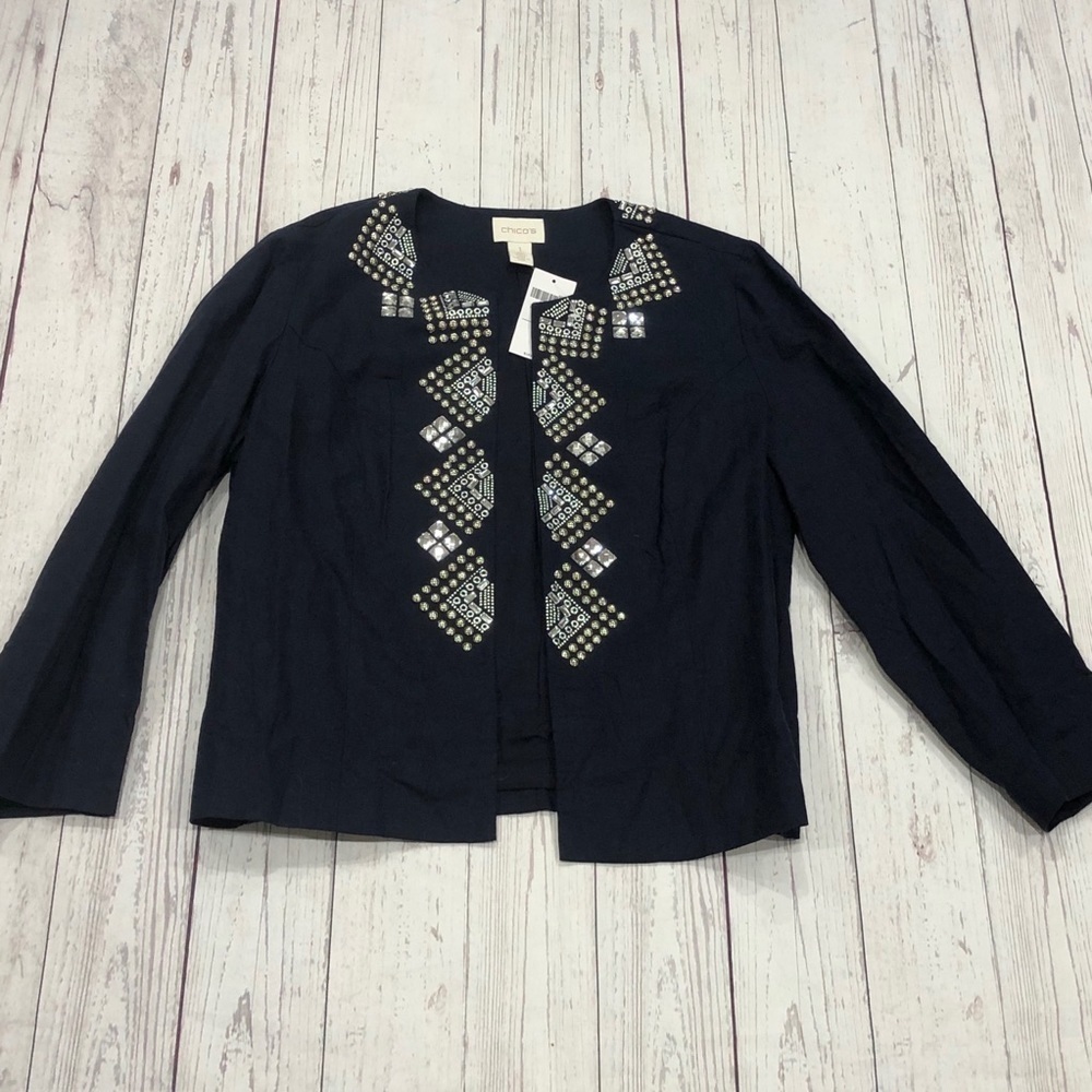 Chicos Open-Front Jacket Jeweled Linen Blazer